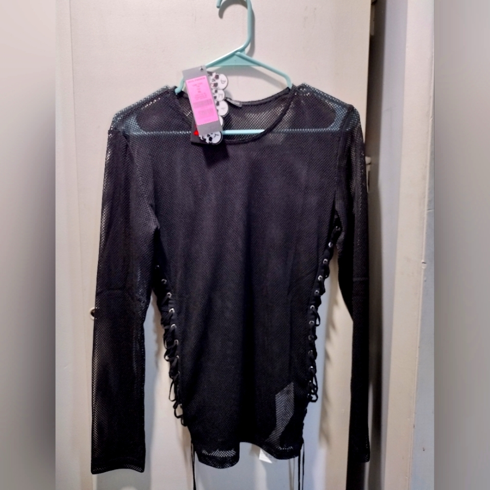 Devil fashion fishnet shirt with tie up sides.